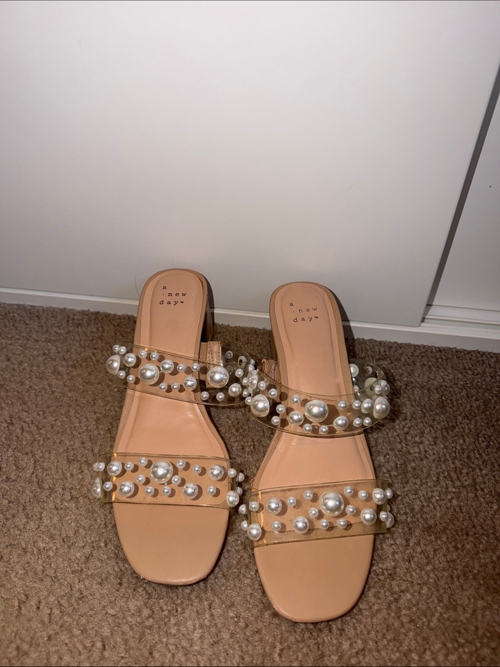 a new day Nude Pearl-Embellished Clear Strap Slide Sandals